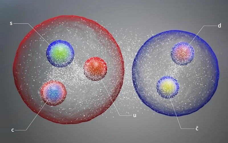 Hạt pentaquark mới được minh họa dưới dạng một cặp hadron tiêu chuẩn liên kết với nhau trong một cấu trúc giống phân tử. (Ảnh: CERN)