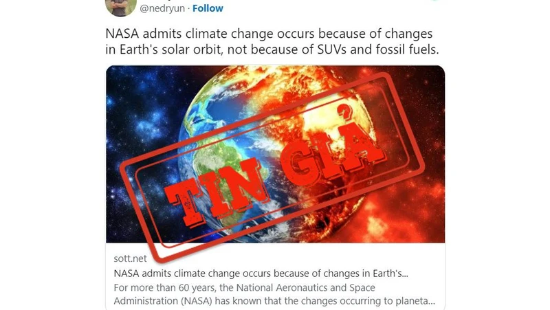 Một bài đăng trên mạng xã hội Twitter đưa thông tin sai lệch về biến đổi khí hậu. (Ảnh chụp màn hình)