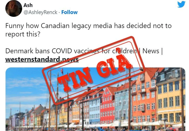 Ảnh chụp màn hình một bài đăng trên Twitter chia sẻ bài báo đưa tin sai lệch về việc dừng tiêm vaccine cho trẻ em ở Đan Mạch.
