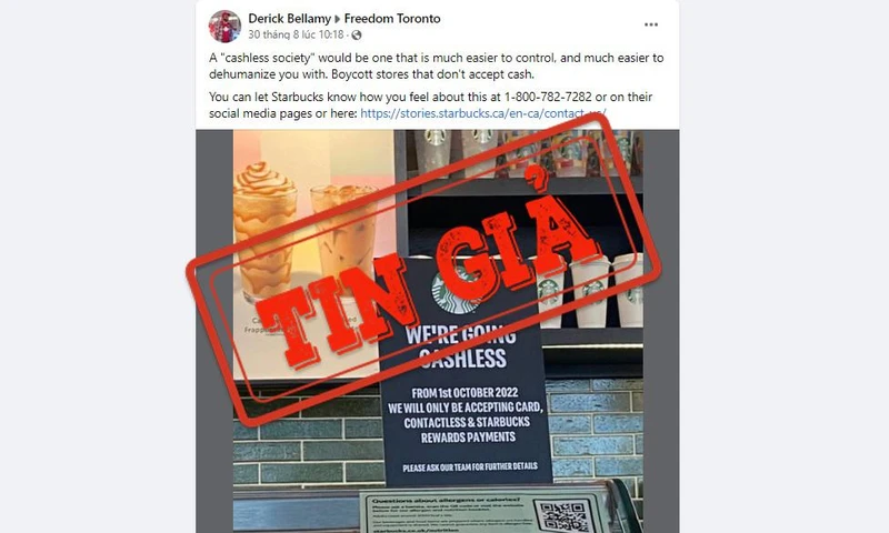 Một bài đăng trên Facebook đưa tin sai sự thật về chính sách thanh toán của chuỗi cửa hàng cà phê Starbucks. (Ảnh chụp màn hình)