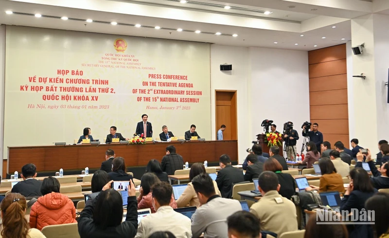 Quang cảnh họp báo về dự kiến chương trình Kỳ họp bất thường lần thứ 2, Quốc hội khóa XV. (Ảnh: DUY LINH)