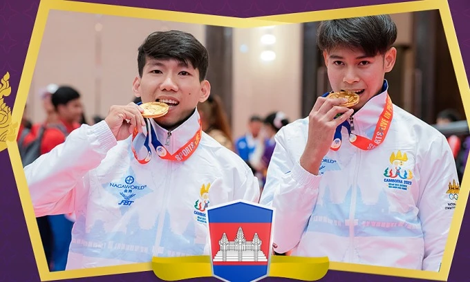 Kongmona Mithora và Touch Pikada giành Huy chương Vàng biểu diễn jujitsu cho Campuchia tại SEA Games 32 ngày 6/5/2023. (Ảnh: Cambodia2023)