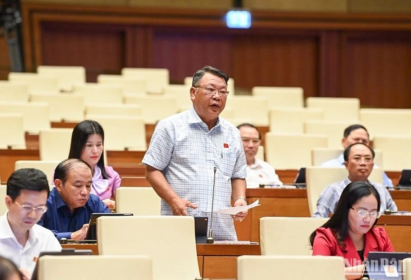 Đại biểu Quốc hội Nguyễn Tạo (đoàn Lâm Đồng) cho ý kiến về dự án Luật Căn cước công dân (sửa đổi) tại Hội nghị đại biểu Quốc hội hoạt động chuyên trách sáng 28/8. (Ảnh: DUY LINH)
