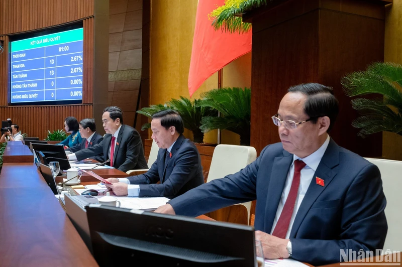 Chủ tịch Quốc hội Trần Thanh Mẫn và các Phó Chủ tịch Quốc hội biểu quyết thông qua Nghị quyết về hoạt động chất vấn tại Kỳ họp thứ 7, Quốc hội khóa XV. (Ảnh: DUY LINH)