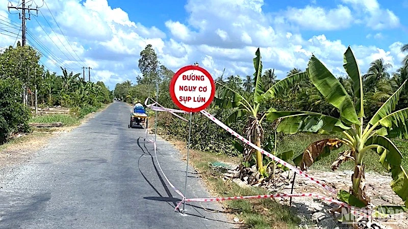 Giăng dây, cắm biển cảnh báo đường sụt lún nguy hiểm ở vùng ngọt huyện Trần Văn Thời, tỉnh Cà Mau. 