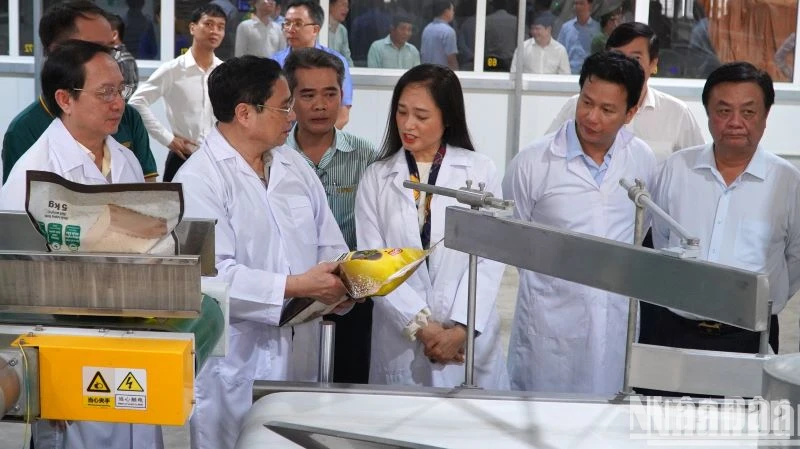 Thủ tướng thăm và làm việc với tập thể lãnh đạo quản lý Nhà máy chế biến lúa gạo, Công ty Trách nhiệm hữu hạn lúa gạo Việt Nam. (Ảnh: HỮU NGHĨA)