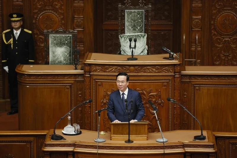 Chủ tịch nước Võ Văn Thưởng phát biểu tại Quốc hội Nhật Bản. (Ảnh TTXVN)