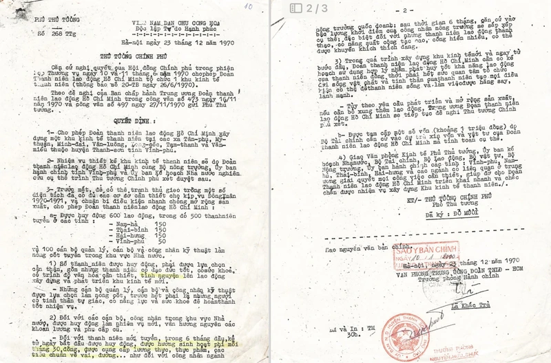 Quyết định số 268 ngày 23/12/1970 do Phó Thủ tướng Đỗ Mười ký cho phép Trung ương đoàn huy động 500 đoàn viên ưu tú đi xây dựng kinh tế mới.