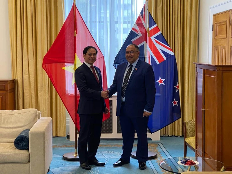 Bộ trưởng Ngoại giao Bùi Thanh Sơn chào xã giao Chủ tịch Quốc hội New Zealand Adrian Rurawhe.