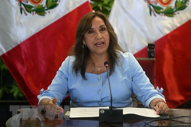 Tổng thống Peru Dina Boluarte phát biểu tại cuộc họp báo ở Lima ngày 10/2/2023. (Ảnh: AFP/TTXVN)