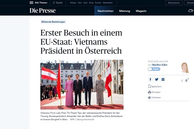 Trang tin diepresse.com đưa tin về chuyến thăm chính thức Áo của Chủ tịch nước Võ Văn Thưởng.