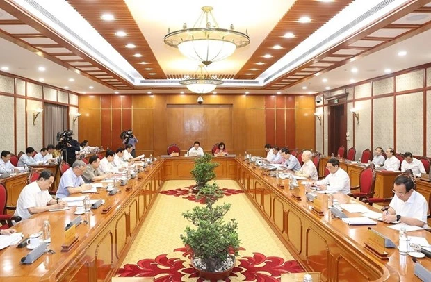 Tổng Bí thư Nguyễn Phú Trọng chủ trì cuộc họp Bộ Chính trị, Ban Bí thư, ngày 21/7. (Ảnh: TTXVN)