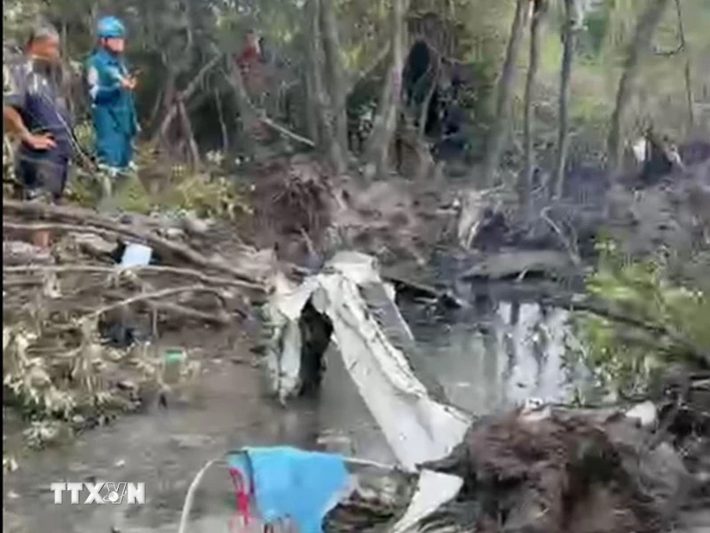 Hiện trường vụ tai nạn máy bay tại Bang Pakong, tỉnh Chachoengsao, Thái Lan, ngày 22/8/2024. (Ảnh: Bangkok Post/TTXVN)