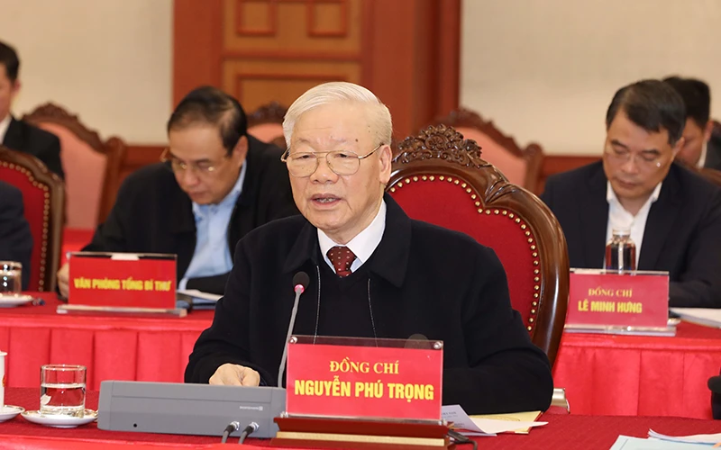 Tổng Bí thư Nguyễn Phú Trọng phát biểu chỉ đạo buổi làm việc của Bộ Chính trị với Ban Thường vụ Thành ủy Thành phố Hồ Chí Minh. (Ảnh TTXVN)