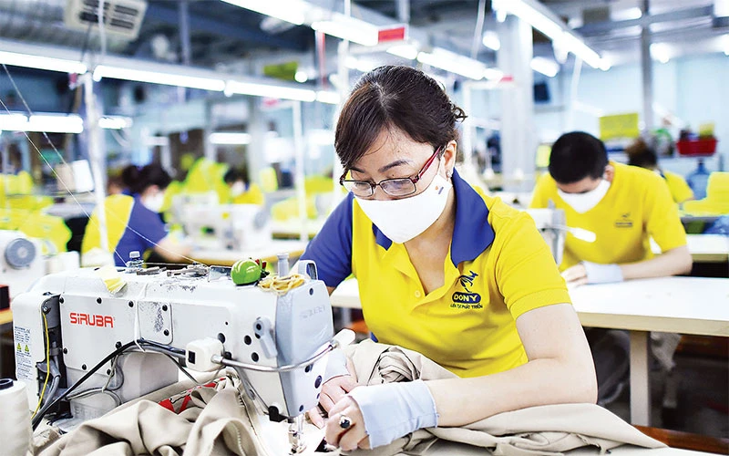 Công nhân may quần áo xuất khẩu tại một doanh nghiệp ở thành phố.