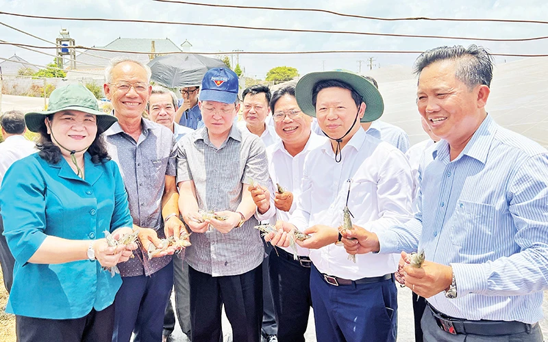 Tỷ phú nông dân Lê Văn Sấm (hàng đầu, thứ 2 từ trái sang) giới thiệu về tôm nuôi tại trang trại.