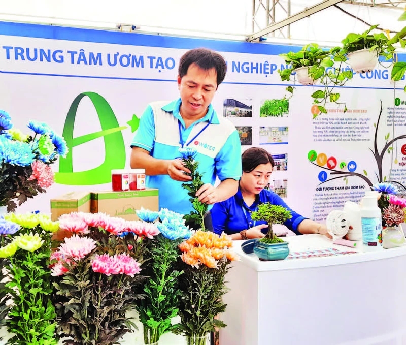 Anh Lê Trung Hiếu và các sản phẩm hoa tươi nhuộm mầu, hoa tươi sử dụng dung dịch ion đồng tại Hội chợ-Triển lãm giống, nông nghiệp công nghệ cao Thành phố Hồ Chí Minh năm 2022.