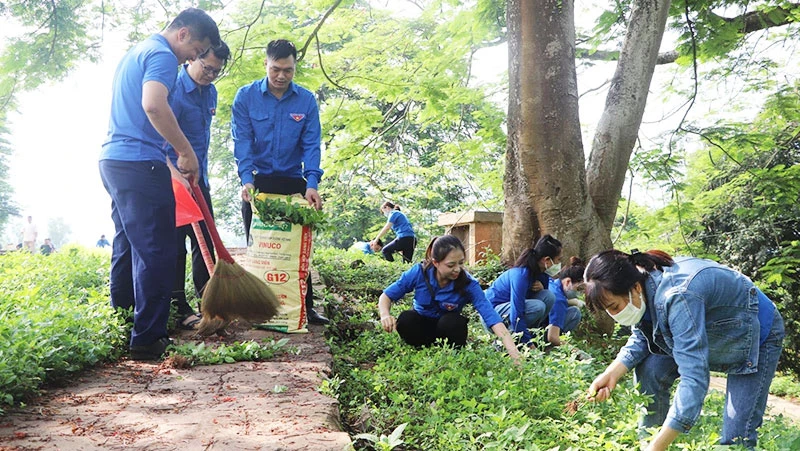 Đoàn viên thanh niên tỉnh Điện Biên dọn dẹp khuôn viên Di tích lịch sử Đồi A1, tích cực tham gia bảo vệ môi trường.