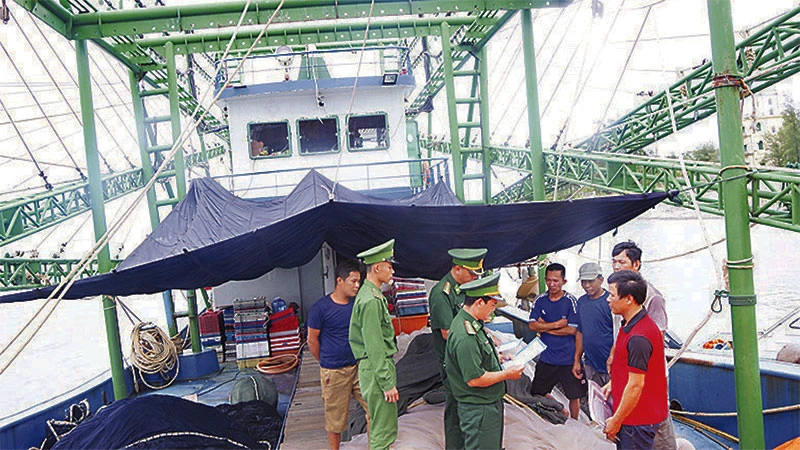 Bộ đội Biên phòng Quảng Trị tuyên truyền chống khai thác hải sản bất hợp pháp cho ngư dân. (Ảnh: HM)