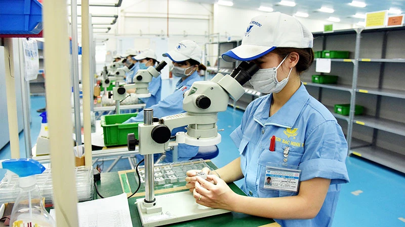 Công nhân làm việc tại Công ty TNHH Fujikin Bắc Ninh, Khu công nghiệp VSIP Bắc Ninh. (Ảnh: ANH SƠN)
