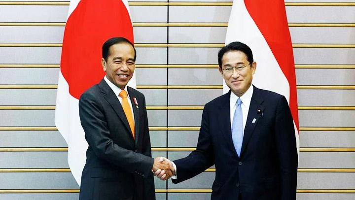 Tổng thống Indonesia Joko Widodo (trái) và Thủ tướng Nhật Bản Fumio Kishida tại cuộc gặp ở Tokyo ngày 27/7. Ảnh: AP