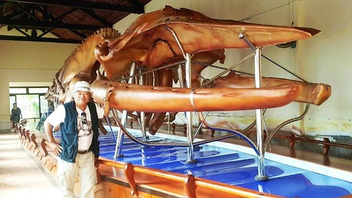 Họa sĩ Lê Vũ bên bộ xương cá voi lớn nhất Đông Nam Á ở dinh Vạn Thủy Tú (Phan Thiết, Bình Thuận).