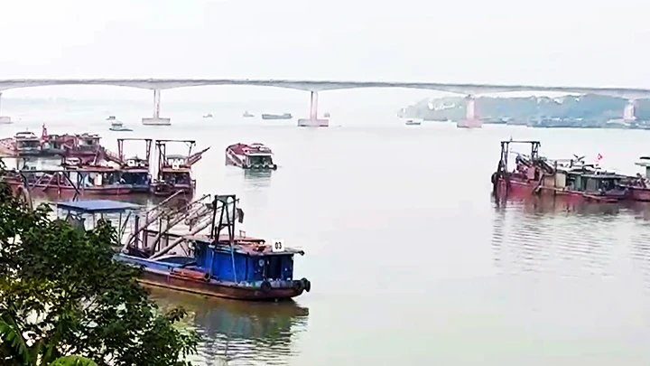 Các tàu khai thác cát trái phép tại khu vực cầu Vĩnh Thịnh (Vĩnh Phúc) lúc 11 giờ 15 phút ngày 24/12/2023.