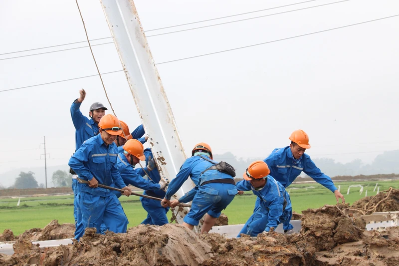 Thi công dự án đường dây 500 kV mạch 3 Quảng Trạch - Phố Nối. Ảnh: EVN