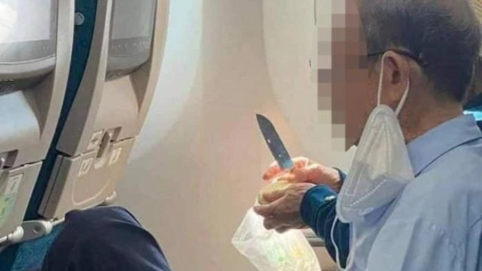 Hình ảnh hành khách gọt hoa quả trên máy bay.