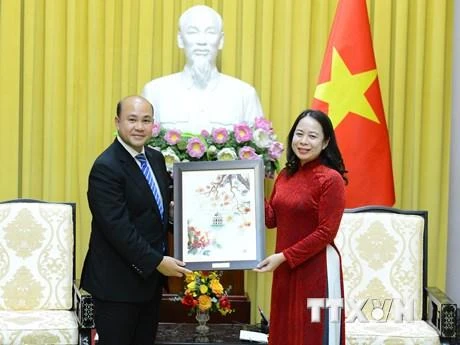 Phó Chủ tịch nước Võ Thị Ánh Xuân tặng quà lưu niệm cho Chủ tịch Hội Liên hiệp Thanh niên Campuchia Hun Many. (Ảnh: Minh Đức/TTXVN)