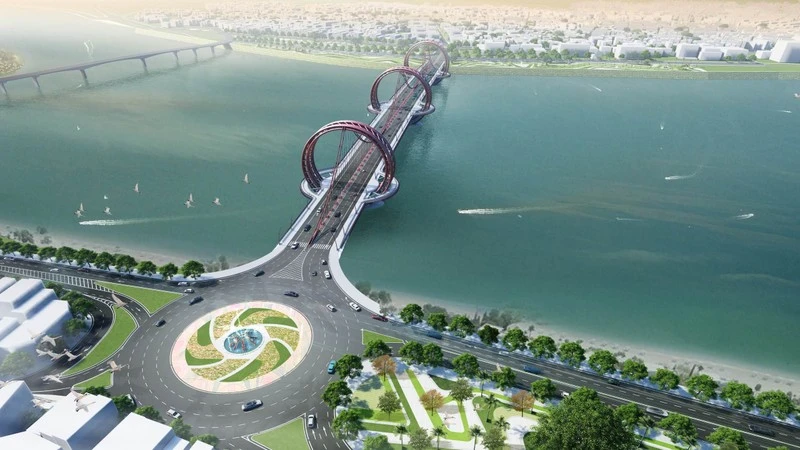 Phối cảnh phương án thiết kế cầu Trà Khúc 1 với ý tưởng "Dấu ấn sông Trà" gồm 3 vòng tròn nối tiếp nhau tạo hình tượng bờ xe nước sông Trà Khúc.