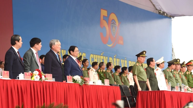 Thủ tướng Phạm Minh Chính và các đồng chí lãnh đạo tham dự Lễ kỷ niệm. (Ảnh: Trần Hải)