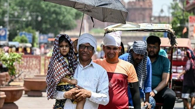 Người dân che ô tránh nắng nóng tại New Delhi, Ấn Độ, ngày 21/5/2024. (Ảnh: AFP/TTXVN)