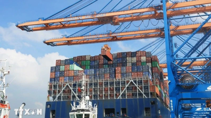 Bốc dỡ container lên tàu trọng tải 200.000DWT tại cảng quốc tế Gemalink, thị xã Phú Mỹ, tỉnh Bà Rịa-Vũng Tàu. (Ảnh: Hồng Đạt/TTXVN)