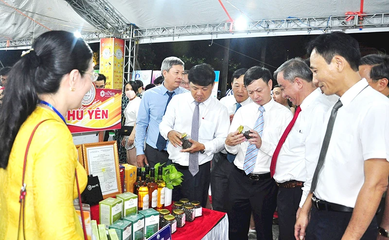 Các đồng chí lãnh đạo Bộ Khoa học và Công nghệ và tỉnh Quảng Nam tham quan gian hàng trưng bày, giới thiệu sản phẩm tại TechFest Quảng Nam 2024. (Ảnh: TÂM ĐAN)