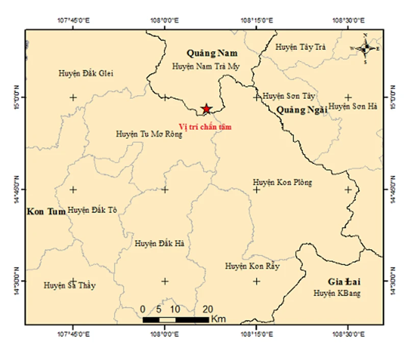 Bản đồ chấn tâm động đất tại khu vực huyện Nam Trà My, Quảng Nam.