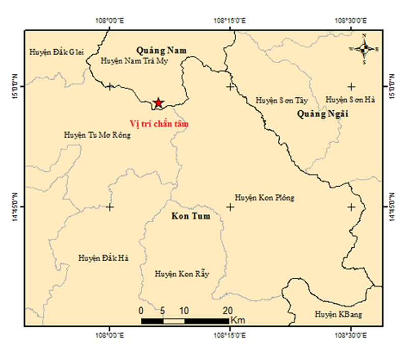 Vị trí chấn tâm trận động đất xảy ra tại huyện Nam Trà My, lúc 10 giờ 29 phút 28 giây ngày 9/10/2024.