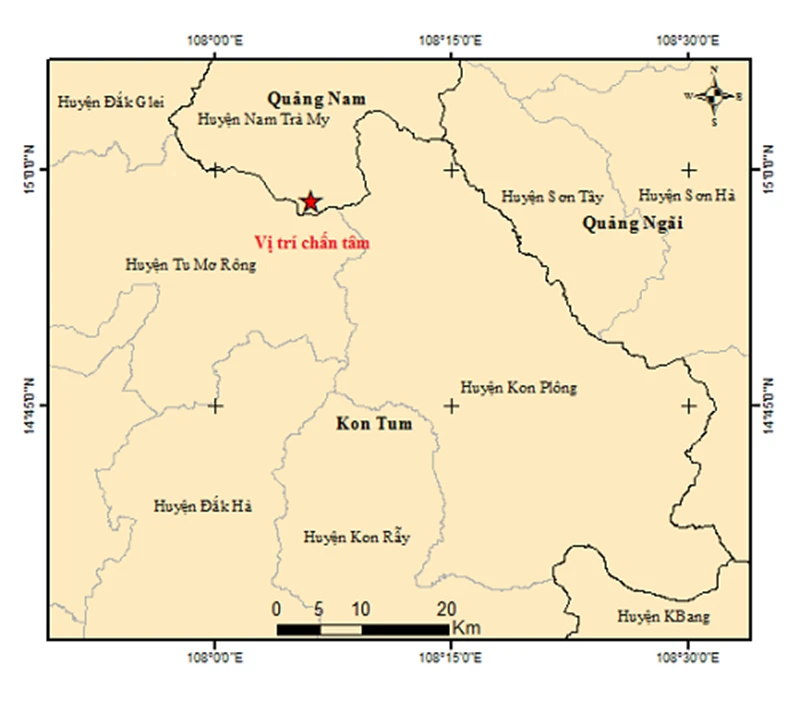 Vị trí chấn tâm trận động đất xảy ra tại huyện Nam Trà My, lúc 10 giờ 29 phút 28 giây ngày 9/10/2024