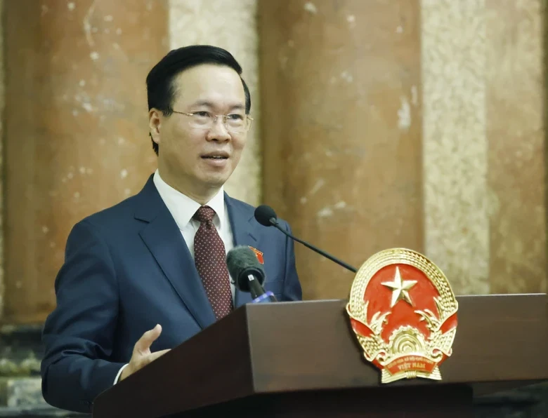 Chủ tịch nước Võ Văn Thưởng, Chủ tịch danh dự của Hội Chữ thập đỏ Việt Nam phát biểu. (Ảnh: TTXVN)