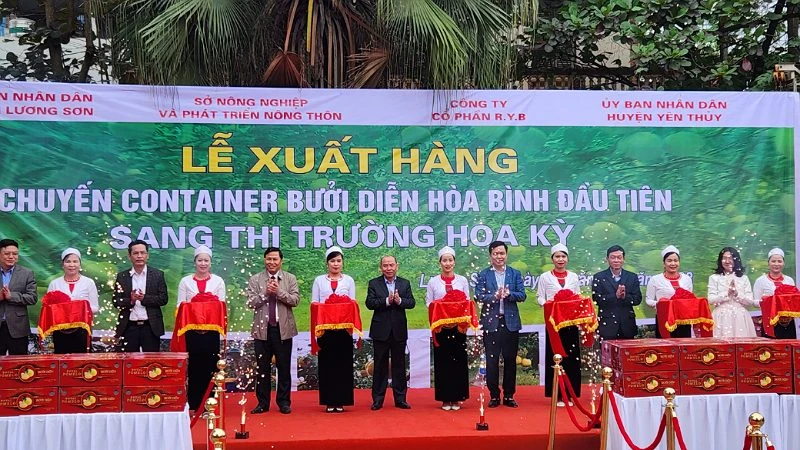 Đại diện lãnh đạo tỉnh, huyện Lương Sơn và doanh nghiệp cắt băng khánh thành tại buổi lễ.