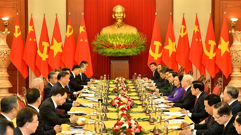 Tổng Bí thư Nguyễn Phú Trọng hội đàm với Tổng Bí thư, Chủ tịch Trung Quốc Tập Cận Bình. Ảnh | ĐĂNG KHOA