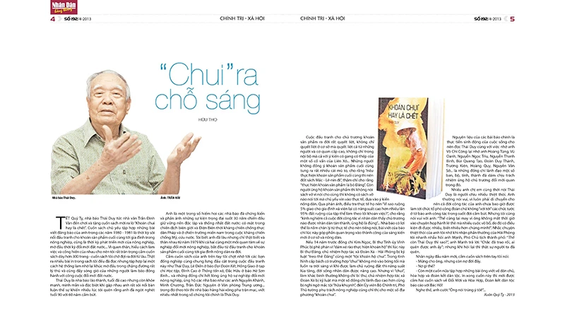 Bài viết của nhà báo Hữu Thọ giới thiệu cuốn sách của nhà báo Thái Duy “Khoán chui” hay là chết đăng trên Nhân Dân hằng tháng số tháng 4/2013.