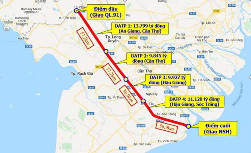 Phác thảo toàn tuyến Dự án cao tốc Châu Đốc-Cần Thơ-Sóc Trăng.