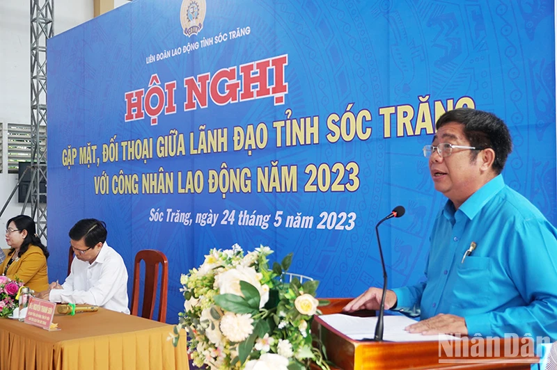 Chủ tịch Liên đoàn Lao động tỉnh Sóc Trăng Nguyễn Thanh Sơn phát biểu tại Hội nghị.