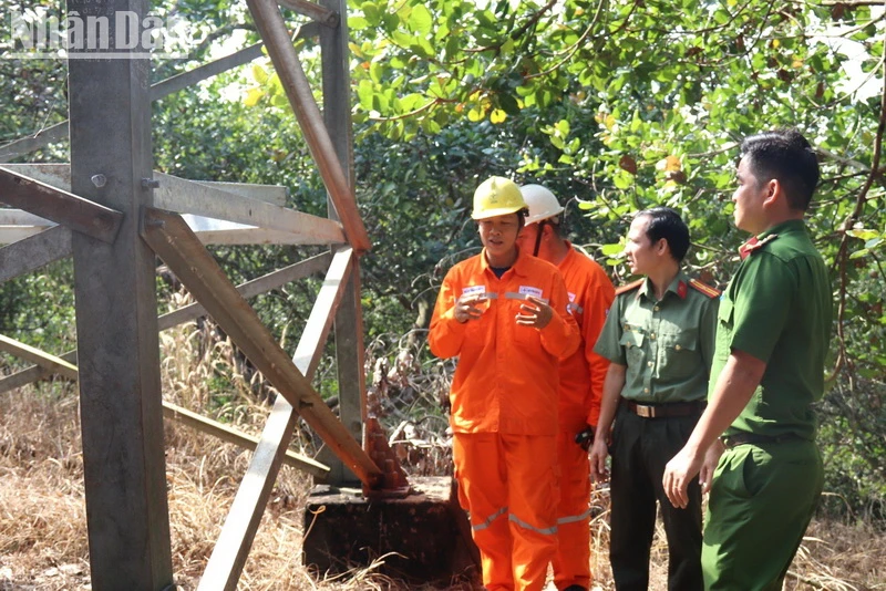 Nhân viên Công ty Điện lực Đồng Nai phối hợp với lực lượng Công an tỉnh Đồng Nai kiểm tra đường dây 110kV.