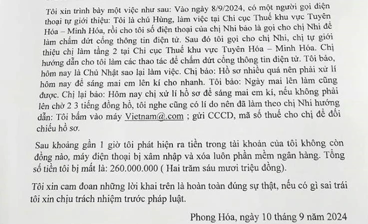 Đơn trình báo của người đàn ông ở Quảng Bình bị đối tượng giả danh cán bộ thuế lừa đảo.