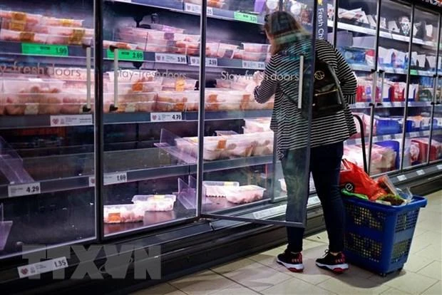 Nhiều kệ hàng bị trống do thiếu hàng hóa tại 1 siêu thị ở châu Âu. (Ảnh: AFP/TTXVN)