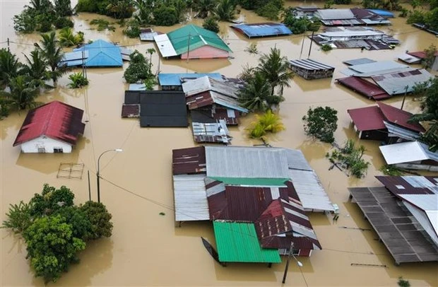 Nhiều ngôi nhà chìm trong nước lũ sau những trận mưa lớn ở Yong Peng, bang Johor (Malaysia), ngày 4/3/2023. (Ảnh: AFP/TTXVN)