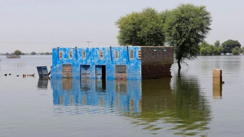 Một tòa nhà bị nhấn chìm trong nước lũ sau những trận mưa lớn do gió mùa ở thị trấn Talti, Sehwan, Pakistan, ngày 15/9/2022. (Ảnh: Reuters) 