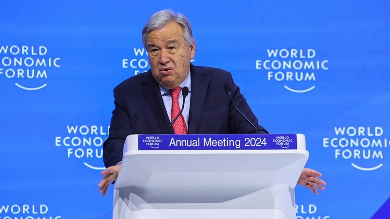 Tổng Thư ký Liên hợp quốc António Guterres tham dự Hội nghị thường niên lần thứ 54 của Diễn đàn Kinh tế thế giới (WEF) tại Davos, Thụy Sĩ, ngày 17/1/2024. (Ảnh: Reuters)